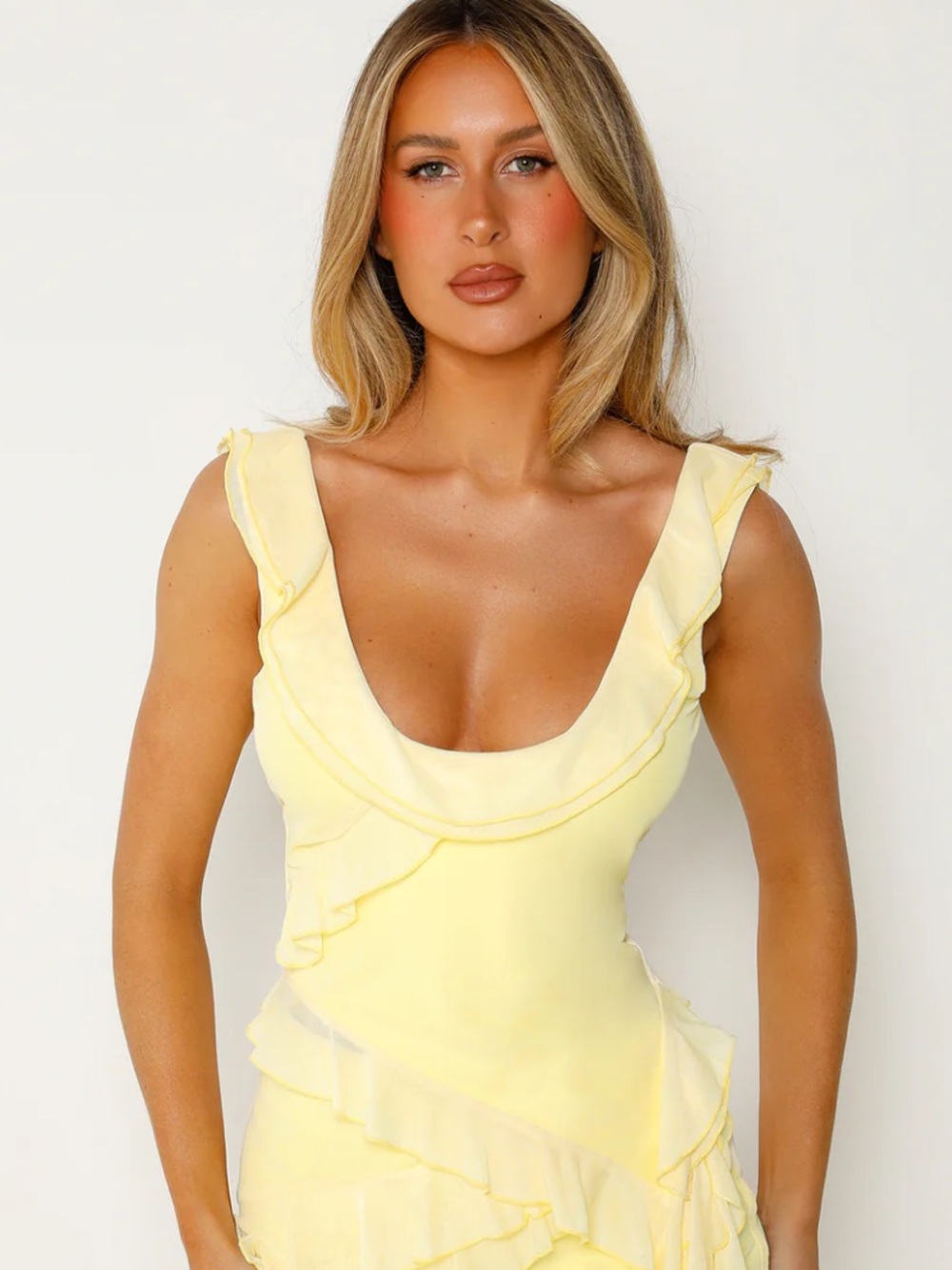 Tiger Mist Yellow Ruffle Scoop Neck Top